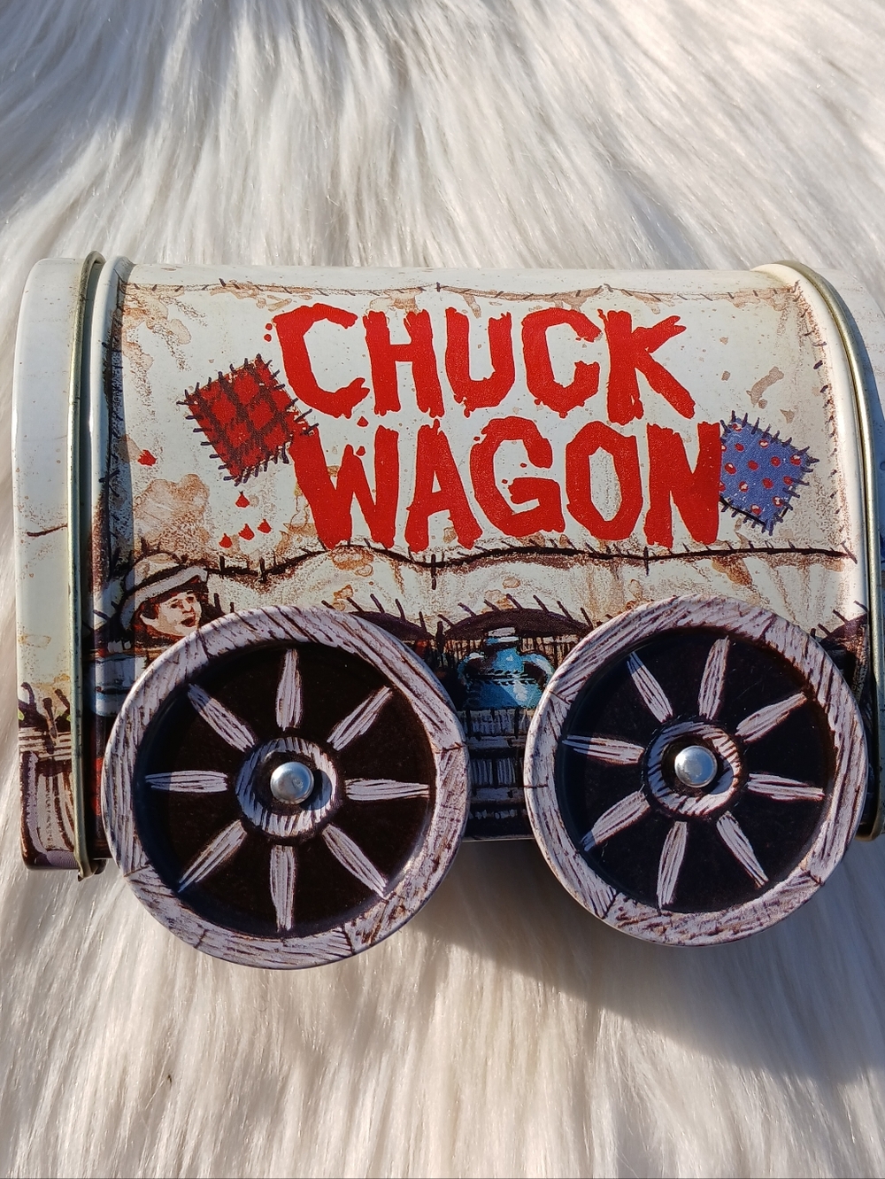 Vintage Chuck Wagon Tin Container with movable Wheels Western Decor Decoration